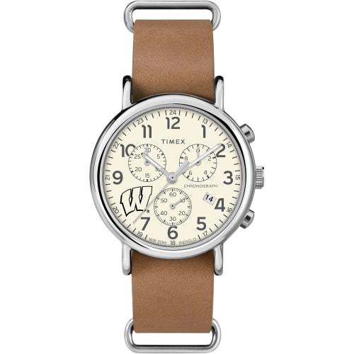 Timex Tribute Men's College Weekender Chrono 40mm Quartz Leather Strap, Wisconsin Badgers