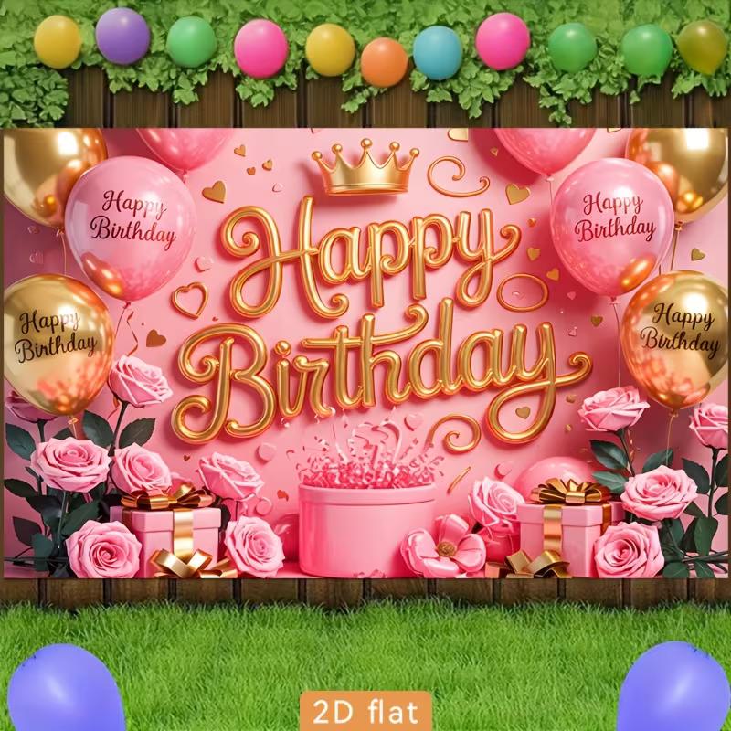 2D Sweet Pink Gold Birthday Backdrop Banner Princess Themed Happy Birthday Party Decor Background