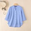 Women Casual V-Neck Solid Color Loose 3/4 Sleeve Cotton Blouse
