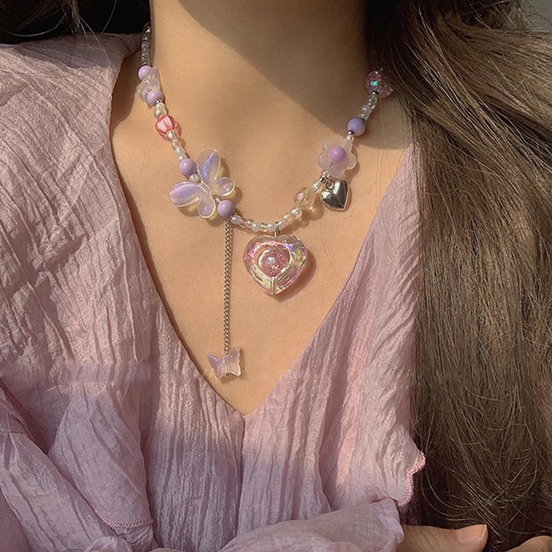 Y2K Heart Butterfly Přívěsek Choker náhrdelník Barevný korálkový řetízek klíční kosti pro ženy Dívka Punk Sladký estetický párty šperk