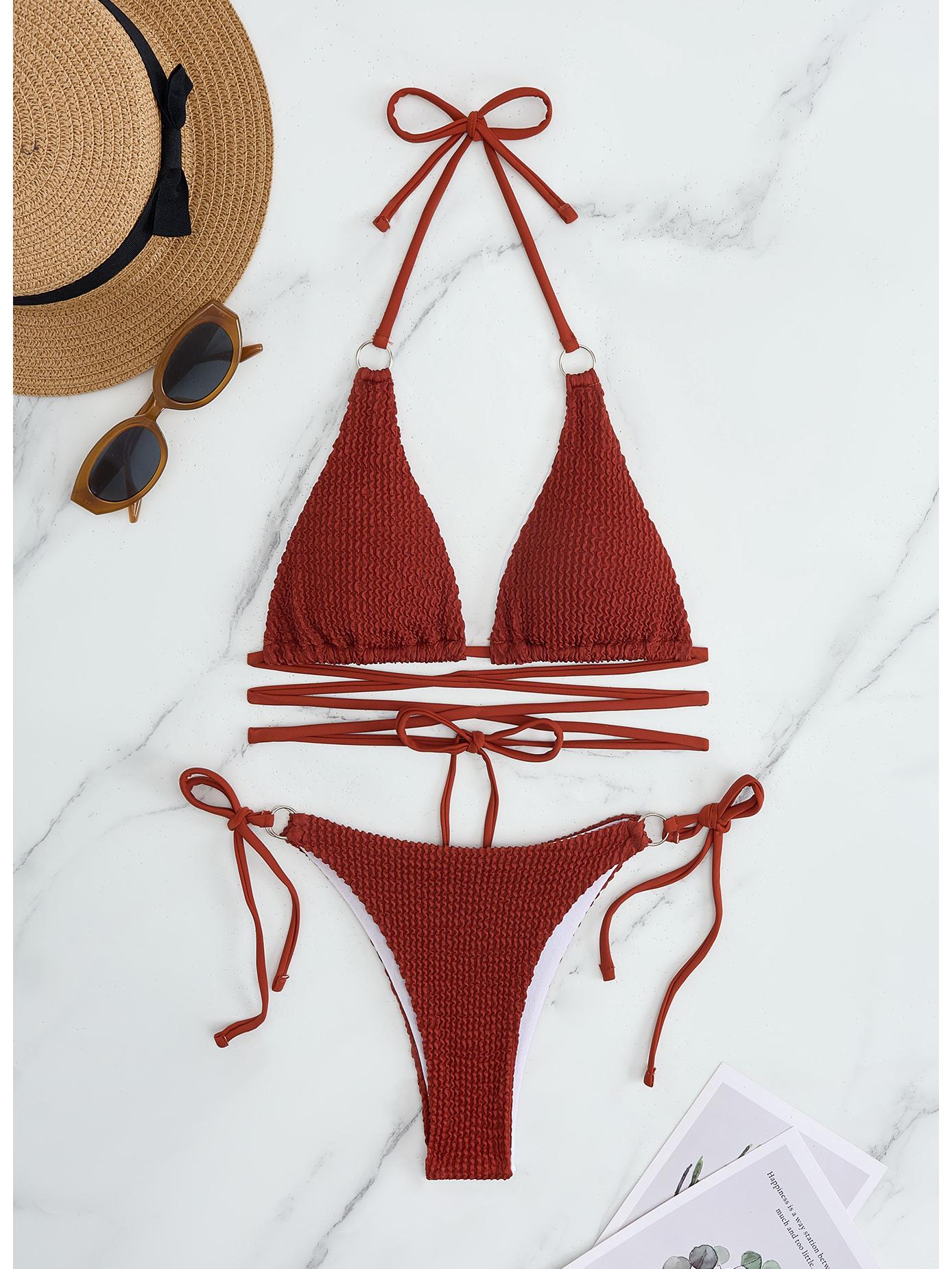 

Европейский и американский женский треугольный купальник-бикини с бандажной завязкой - Однотонный сексуальный купальник Large каштановый