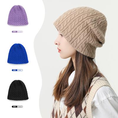 Korean Version of Cashmere Solid Color Twist Wool Knitted Hat, Warm and Versatile, Showing Thin Face, Small Flanged Ear Protector, Cold Hat