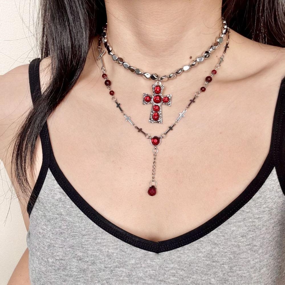 Retro Punk Multi-layer Fold Wear Red Teardrop Tassels Crystal Cross Pendant Necklace for Women Hot Girl Personality Jewelry Gift