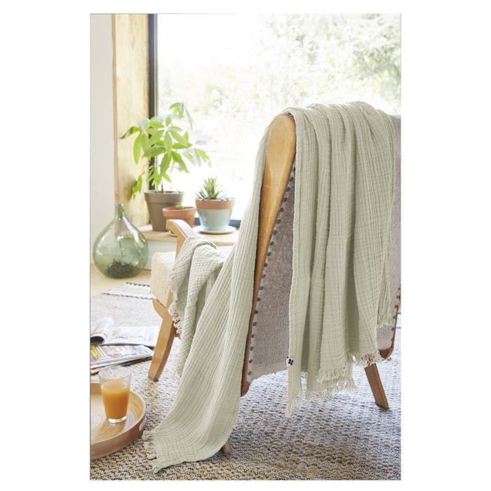 Plaid quadruple gaze de coton 180 x 220 cm Gaia vert d eau