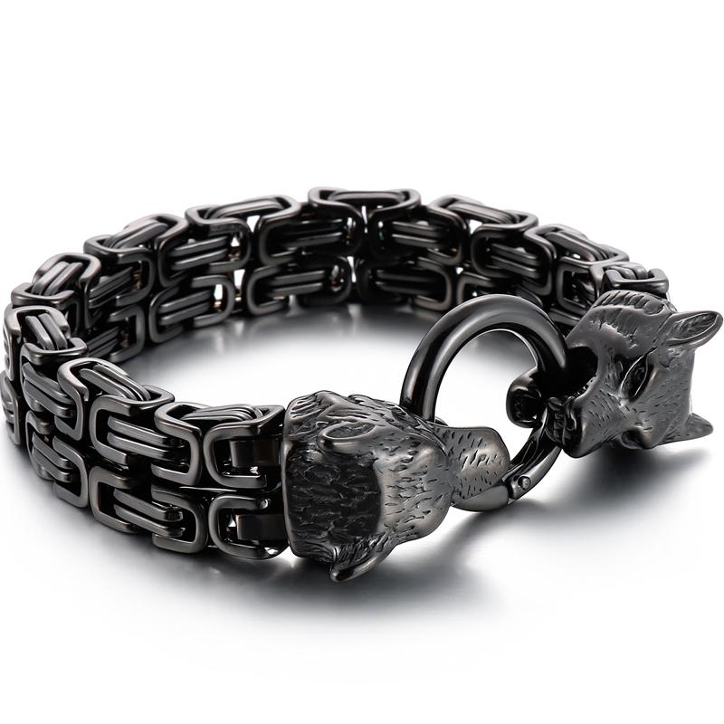 Gothic Punk Wolf Head Man Bracelet For Men Vintage Stainless Steel 14MM Double Chain Men's Wrist Bracelets Male Jewellery Accessories
