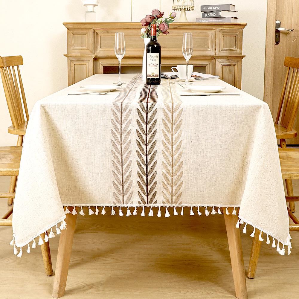 Luxury Embroidered Cotton-Linen Tablecloth with Tassels - Waterproof & Heat-Resistant