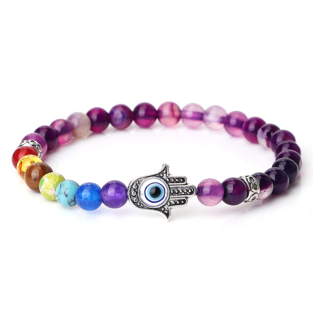 6mm 7 Chakra Beads Bracelets Lucky Evil Eye Hand Of Fatima Women Men Natural Lava Stone Agates Bracelet & Bangle Prayer Jewelry