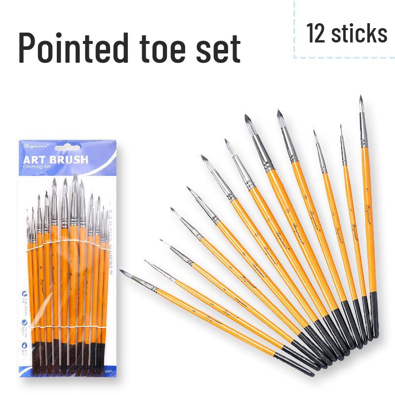 Boyi Xuan 12-Piece Wooden Flat Tip Art Paint Brush Set with Nylon Bristles for Watercolor and Oil Painting