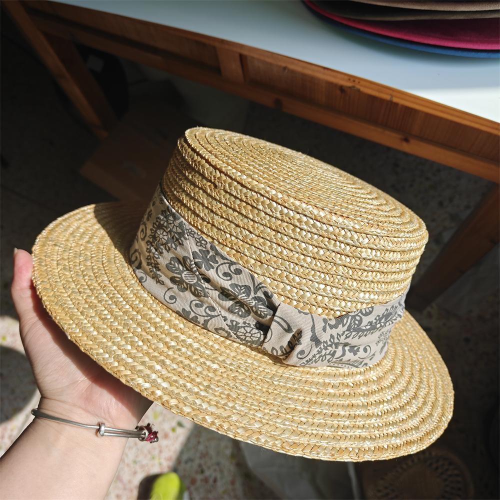 

French Lace Ribbon Wheat Straw Hat Women Flat Top Boater Beach Sun Cap Elegant Long Straps Bowknot Summer Holiday Sunhats M 56-58