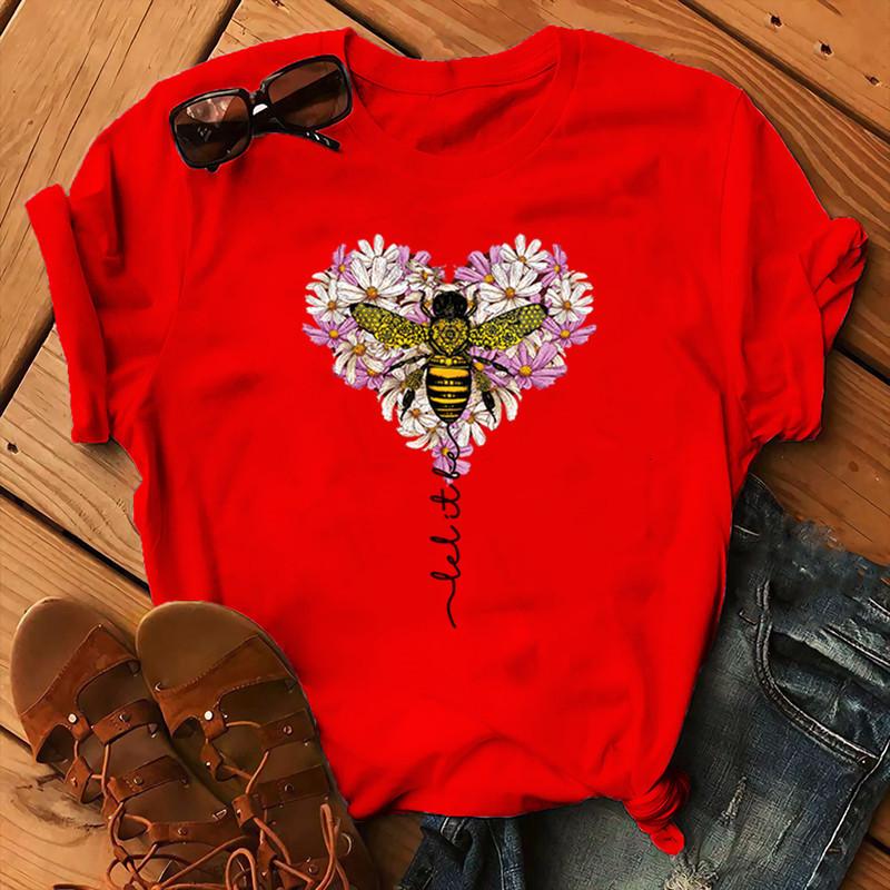 Cotton Tee Cotton 100% Women's Christmas Animal Flower Short Sleeve Bee Flower Print Oversized T Shirt Graphic Tshirts Tops Harajuku