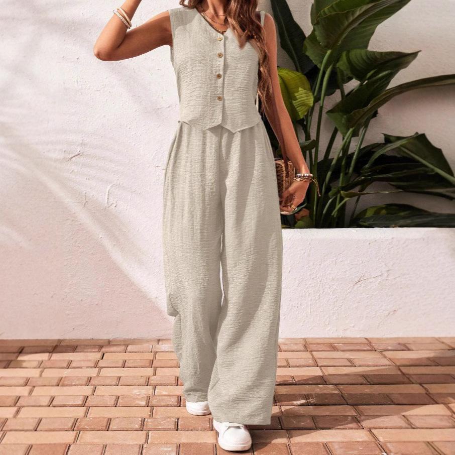 Summer Cotton Linen Women V-Neck Vest Front Button Vest Trousers Casual Suit Women Short Vest Top + Pants Two Peice Set