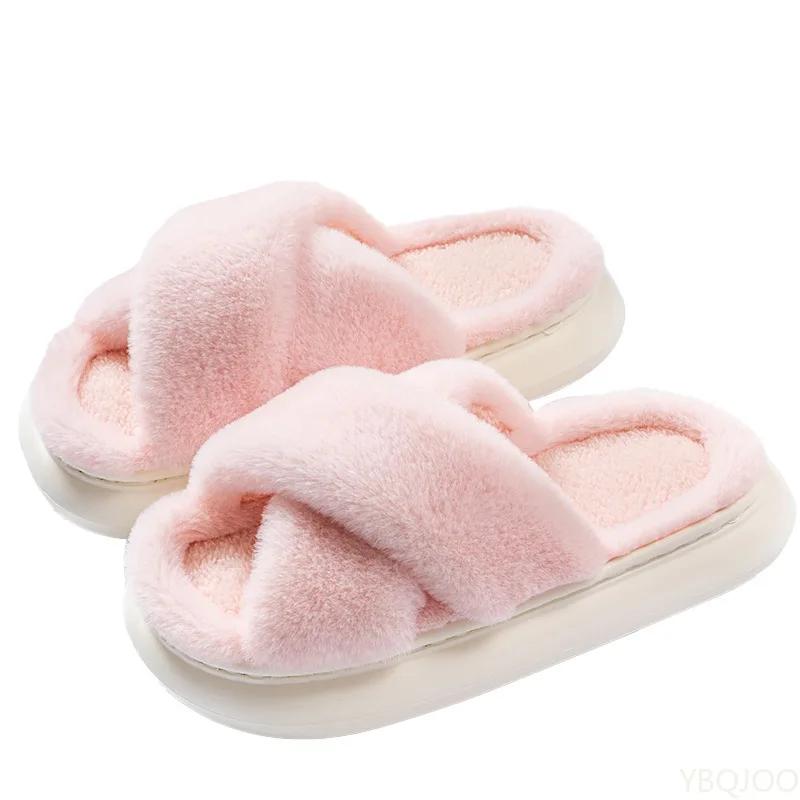 Fashion Popular Winter Plush Cross Strap Women's Cotton Slippers for Indoor Warmth Thick Bottom Anti Slip for Women's Cotton Slippers