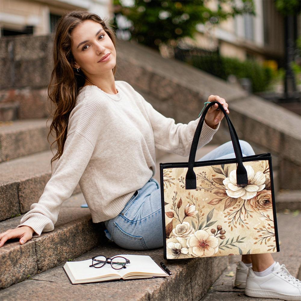 Vintage Floral Print Tote Bag for Women Casual Daily Handbag Large Capacity Lightweight Ladies Shoulder Purse for Shopping Work Travel