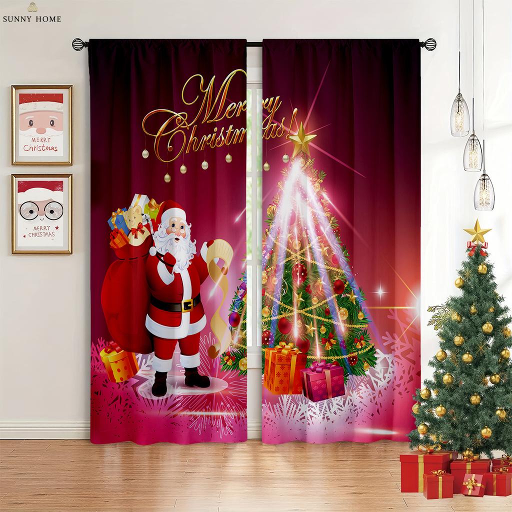 Merry Christmas Elk Red Vintage Print Curtains 100% Polyester Bedroom Living Room Holiday Party Decorative Curtains 2pcs