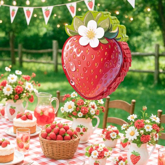 Strawberry Pinata Red Berry Pinata with Blindfold Bat Confetti Summer Fruit Themed Birthday Party Decoration for Kids Baby Shower Supplies