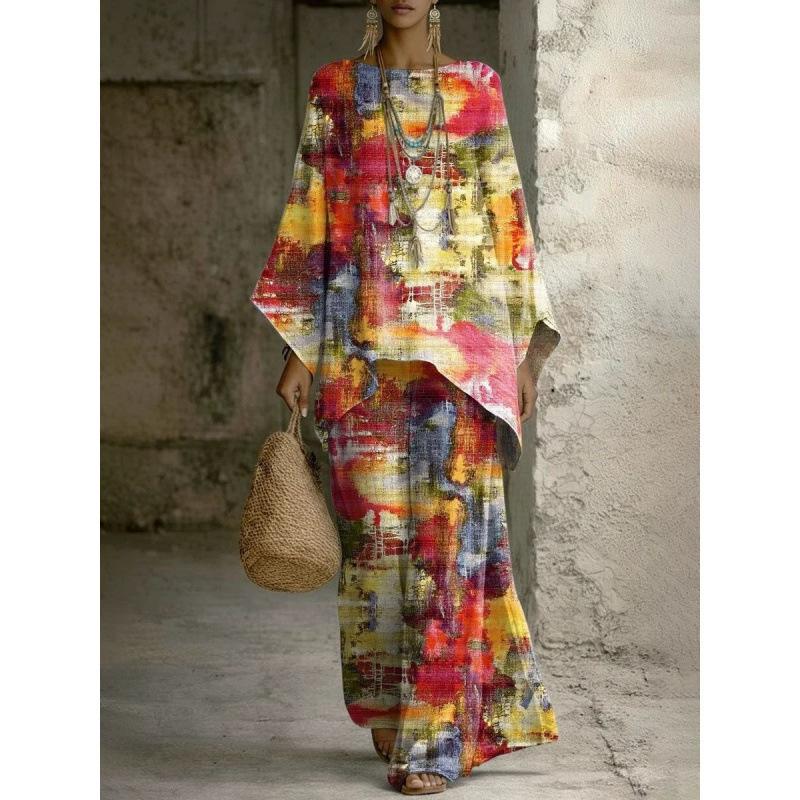 European and American retro bohemian suit exotic 1D printed loose top wide-leg pants temperament casual two-piece set