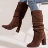 Autumn Women's Chunky Heel Shoes New Fashion Wrinkle Flock High Heel Mid Calf Boots for Women Vintage Ladies Knee High Boots