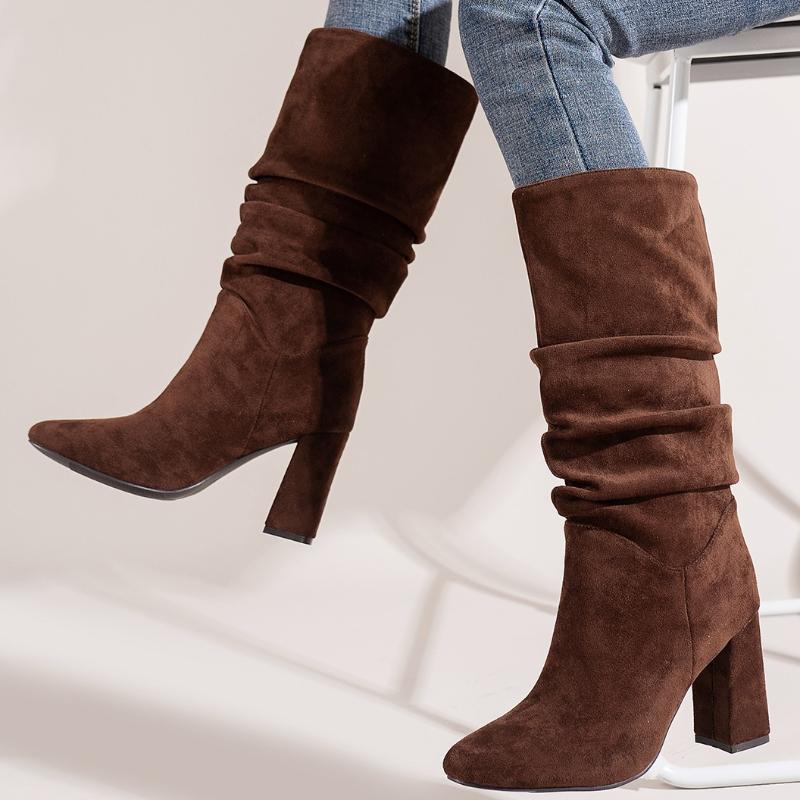 Autumn Women's Chunky Heel Shoes New Fashion Wrinkle Flock High Heel Mid Calf Boots for Women Vintage Ladies Knee High Boots