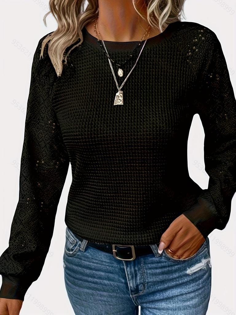 European & American 2025 Solid Lace Long Sleeve Hollow Round Neck Casual Women's T-shirt