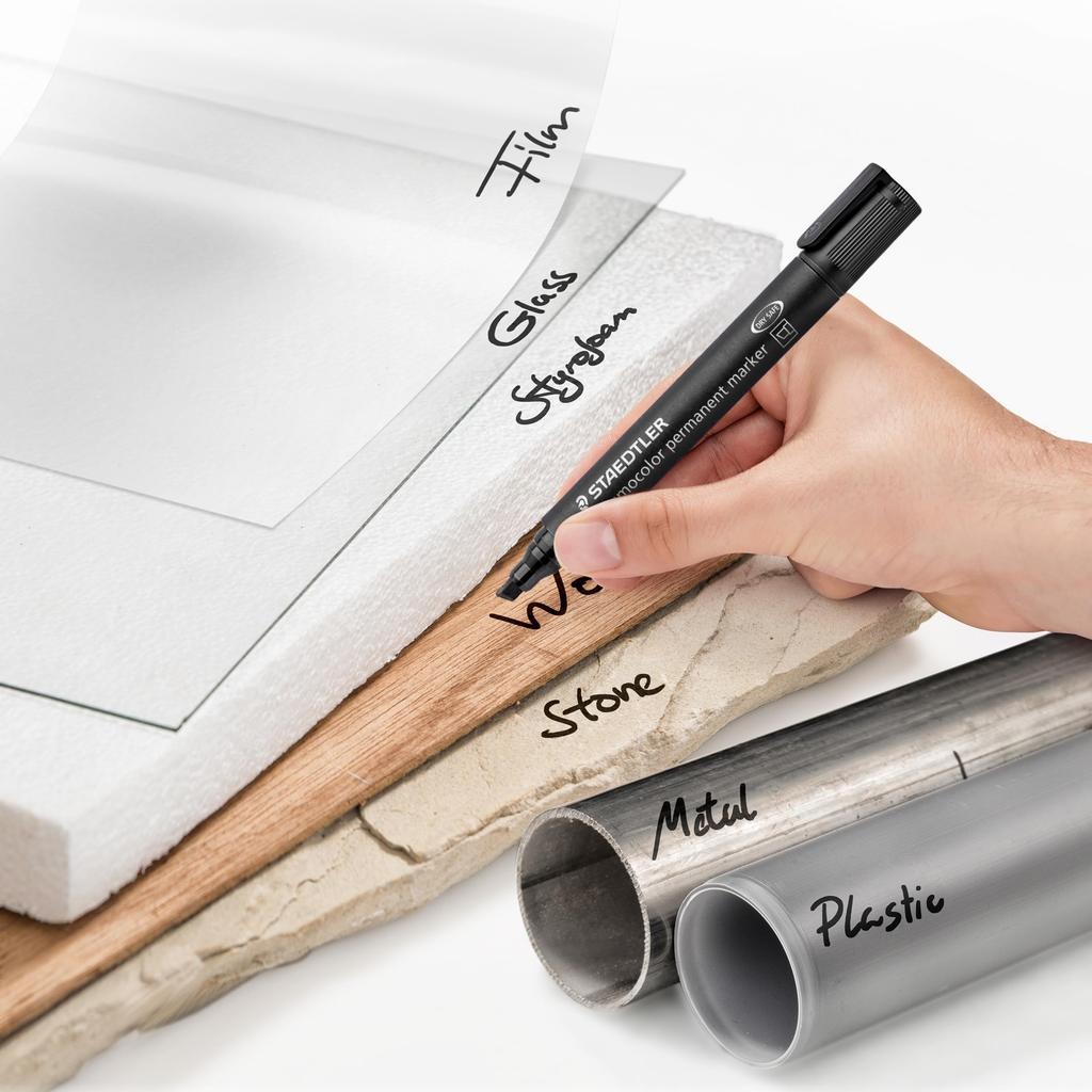 Staedtler Lumocolor Permanent Markers, Wide Chisel Tip, Refillable, 4 Colors (Red, Blue, Green, Black) 350 WP4