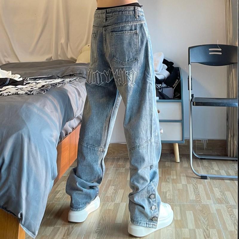 Mens Loose Fit Blue Denim Jeans Embroidery Button Fly Hip Hop Streetwear Casual Pants