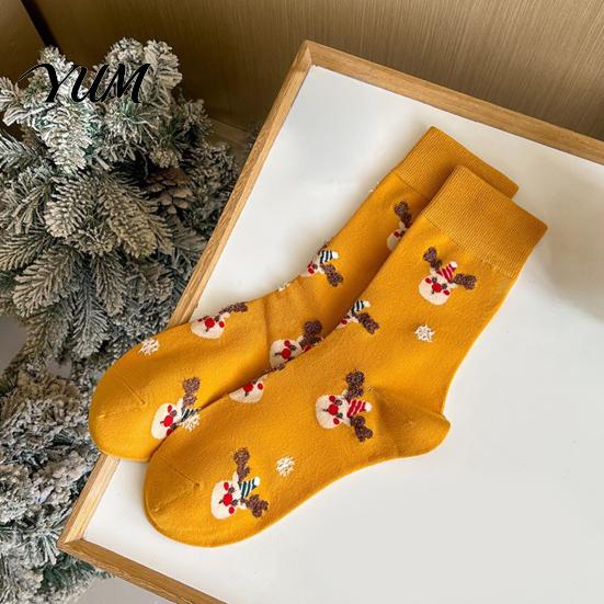 Soft Breathable Cotton Socks Cute Christmas Stockings, Crew for Women, Holiday New Year Festive Thermal with Gingerbread Man/Reindeer/Bell Patterns