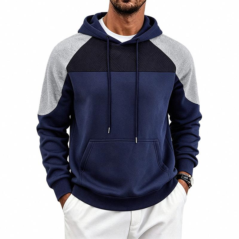 Men's Color Block Raglan Hoodie, Contrast Spliced Textured Long Sleeve Drawstring Pullover Hooded Sweatshirt with Kangaroo Pocket