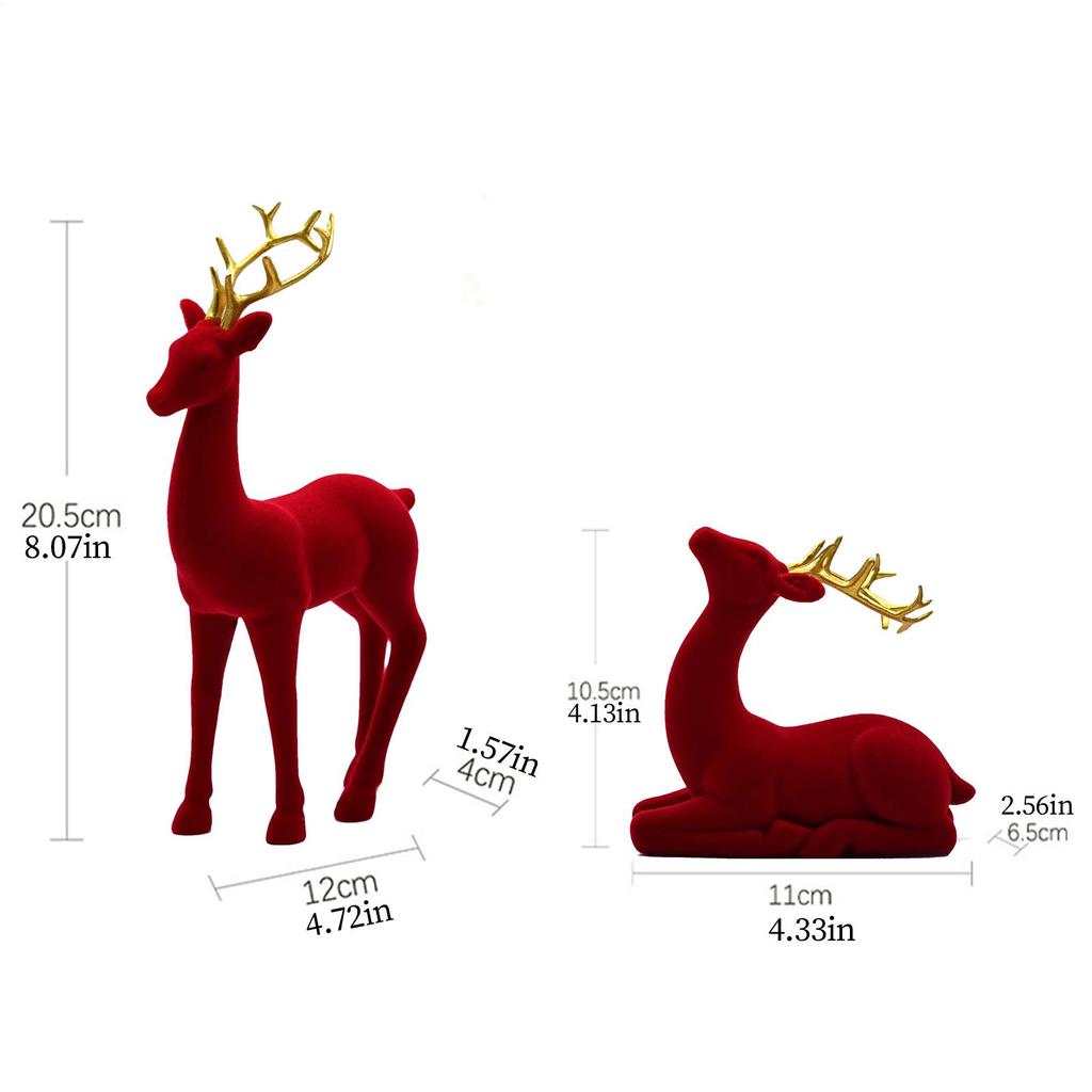 Christmas Deer Figurines Flocking Christmas Animals 2 Pieces Standing Sitting Sculpture Red Green Aesthetic Elk for Party