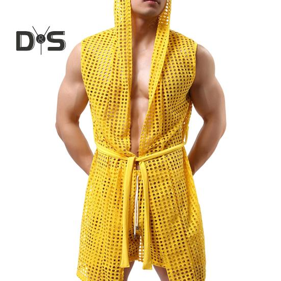 Menn Sexy hette Nattkjole Ermeløs Ensfarge Hollow Out Mesh Sommer Loungewear Snøring Nattkåpe Hjemmeklær