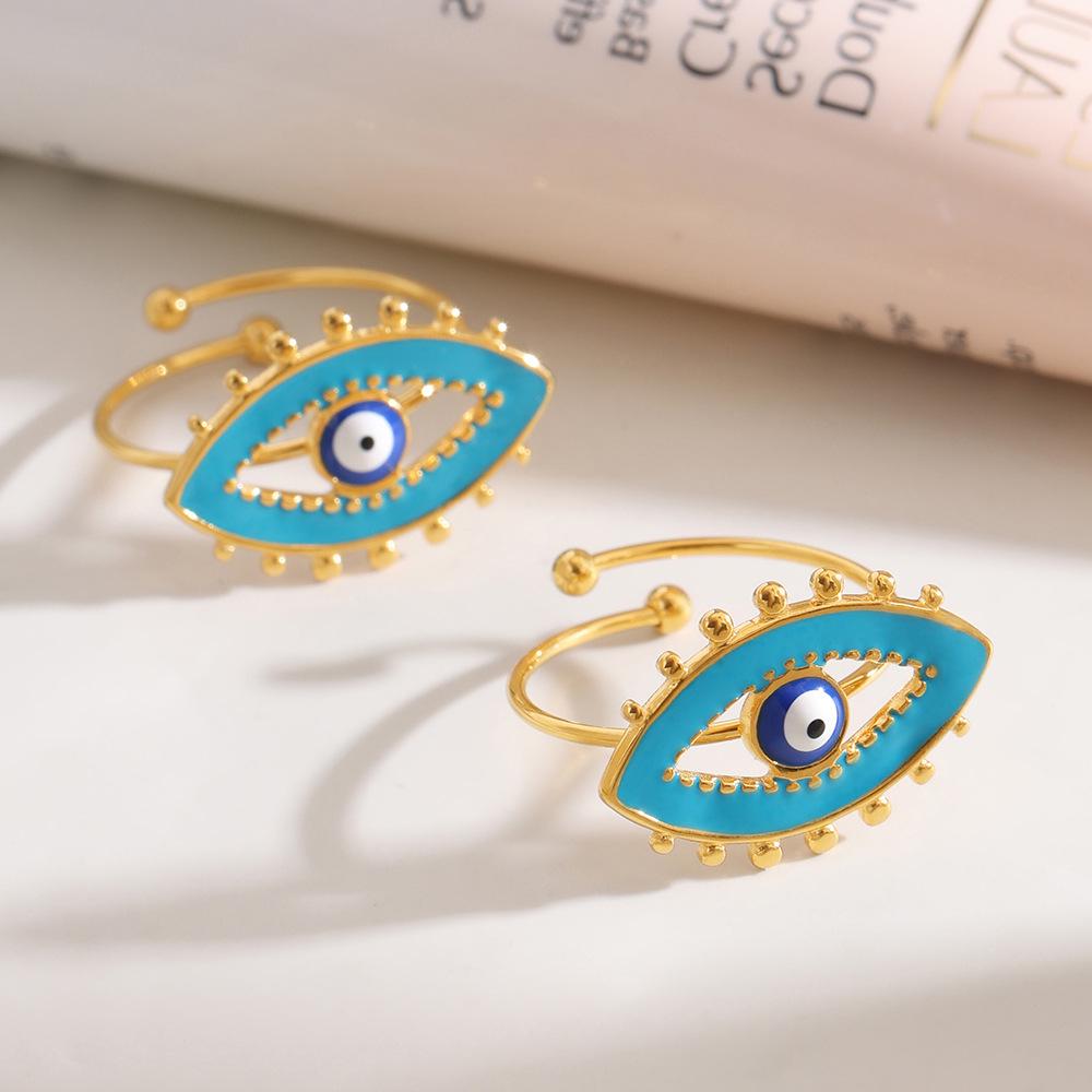 Qiong Yao Demon Eye Enamel Open Ring: 18k Gold-Plated Titanium Steel Adjustable Fashion Accessory