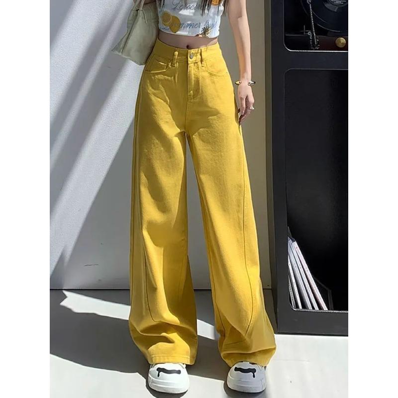 Jeansy Damskie Szerokie Nogawki Żółte High Street Wysoki Stan Luźne Kryjące Biodra Niszowe Codzienna Moda Odważny Akcent Codzienne Jeansy
