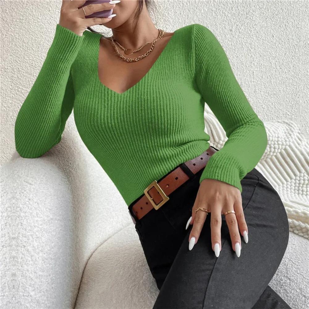 Women Solid Rib Knit V Neck Stripe Pull Sweater Femme Long Sleeve Pullover Jersey Tops Fashion Clothes