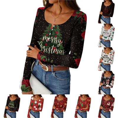 Women's Casual Fashion Christmas Print Button Long Sleeve Top