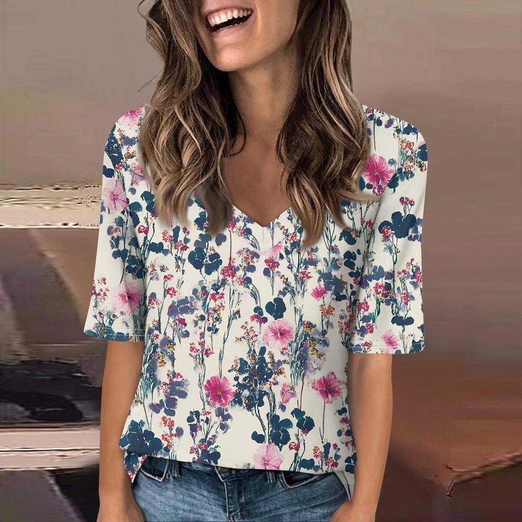 Women's Fashionable Casual Short-sleeved Five-quarter Sleeve Floral Print V-neck Top