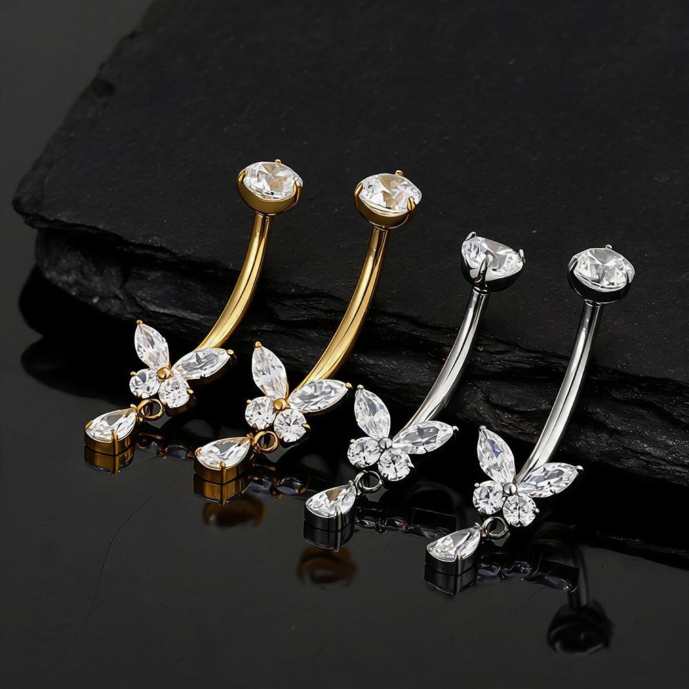 Right Grand ASTM F136 Titanium Butterfly CZ Dangle Belly Button Ring 14G Teardrop Drop Navel Curved Barbell Piercing Jewelry