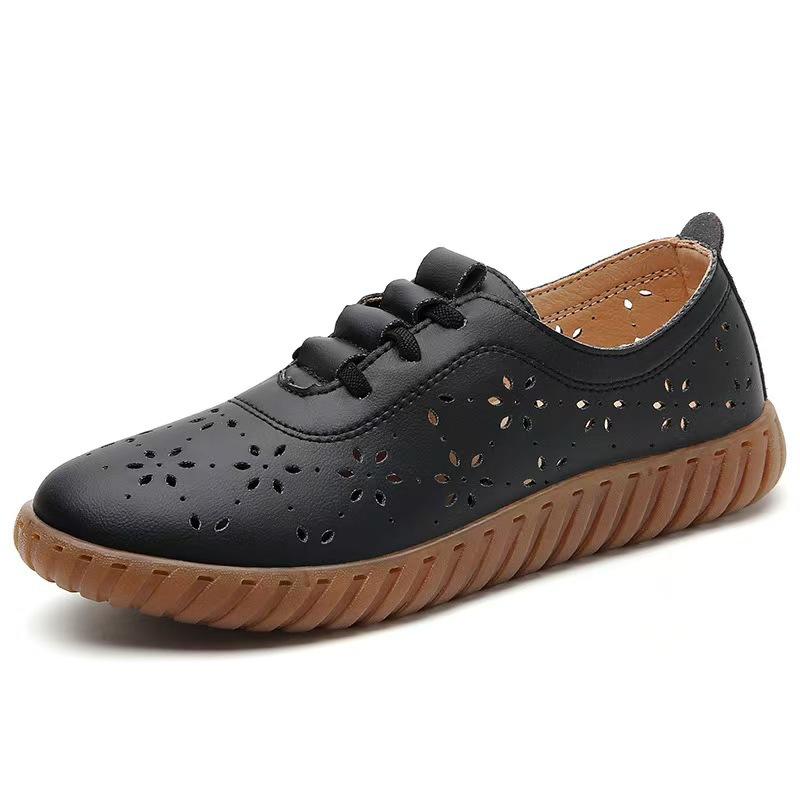 Soft Leather Beef Tendon Soft Sole Doudou Shoes Middle-aged and Elderly Flat Shoes Single Shoes Women's One-pedal Hollow Hole Shoes Lazy Shoes