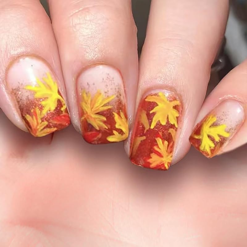 Fall Press on Nails Long Ballerina Coffin Nails Thanksgiving Maple Leaf Acrylic Glue on Nail Glossy Autumn Gold Maple Leaves Fake Nail for Women DIY
