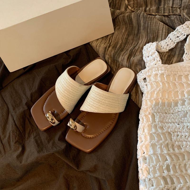 Sheepskin version~ Leather shoes thick heels holiday style straw woven toe slippers women wear new cool slippers in summer