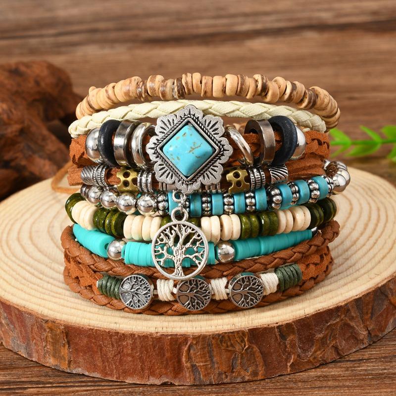 Boho Bracelet Set for Men Leather Braided Wrap Bracelet with Wood Beads Bull Skull & Evil Eye Charm Ethnic Viking Style Jewelry