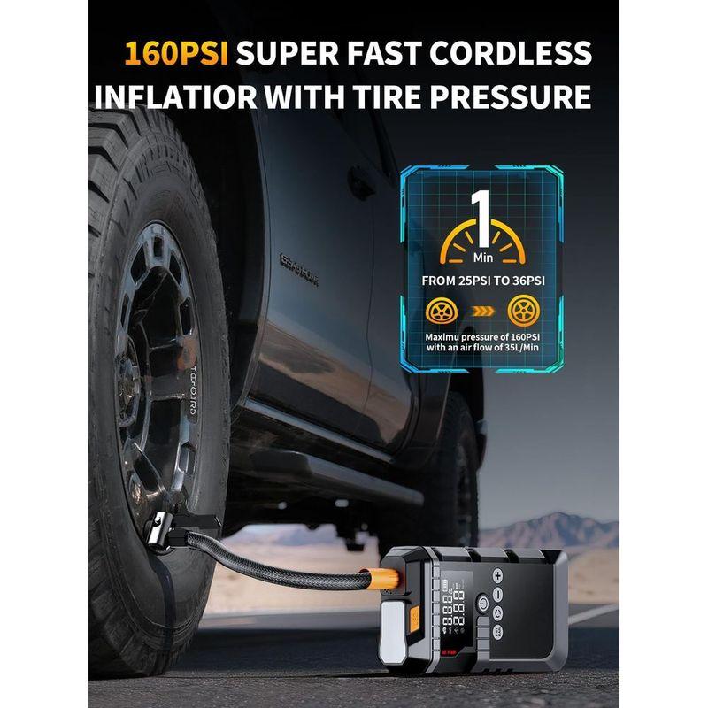 Portable 12V Jump Starter with Air Compressor, 160PSI Tire Inflator, LED Display, and Jumper Cables for Gas & 12L Engines