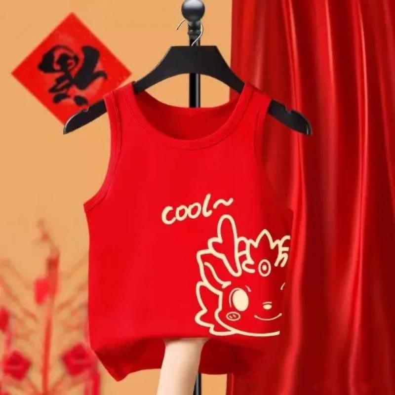 Kids Red Dragon Year Cotton Sleeveless Vest Festive Chinese New Year Baby Inner Wear Top 80