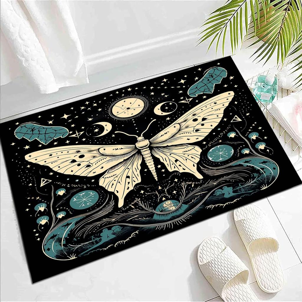 Butterfly Area Rug for Living Room Bedside, Gothic Moth Doormat Astrology Style Carpet Boho Exotic Starry Sky Indoor Floor Mat