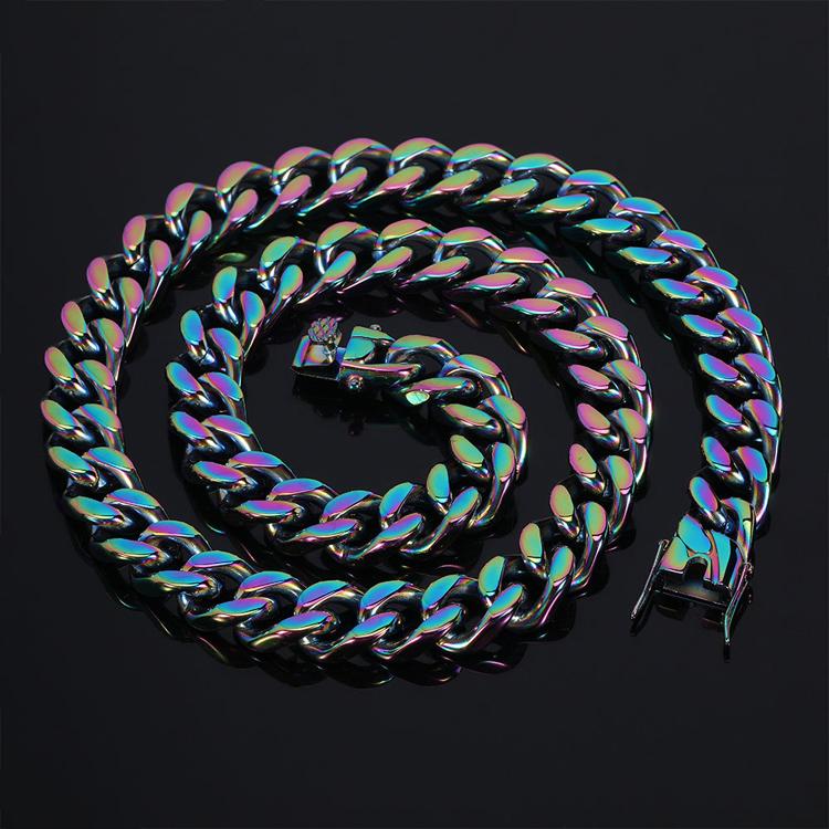 Wholesale Gold Chain 18k 12mm Ins Gold Plated Stainless Steel Multi Colored Cuban Link Chain Necklace 12mm,7inch