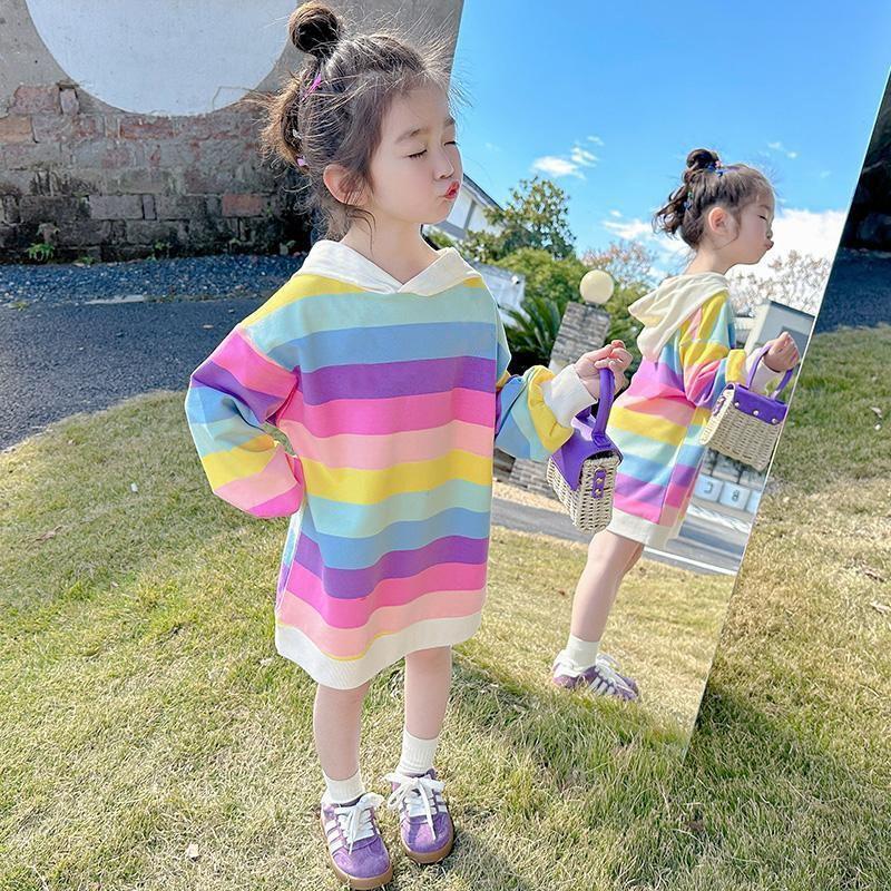 Girls Korean Rainbow Striped Sweatshirt Dress Spring Autumn Long Sleeve Casual Midi Dress for Kids