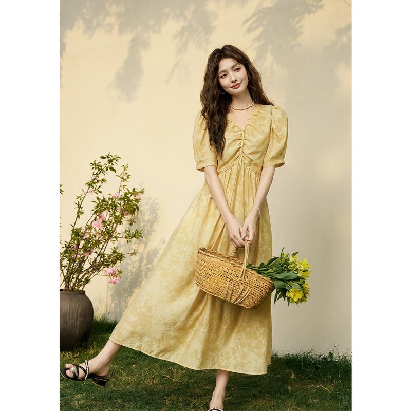 Elegant French Style V-Neck Floral Long Dress S
