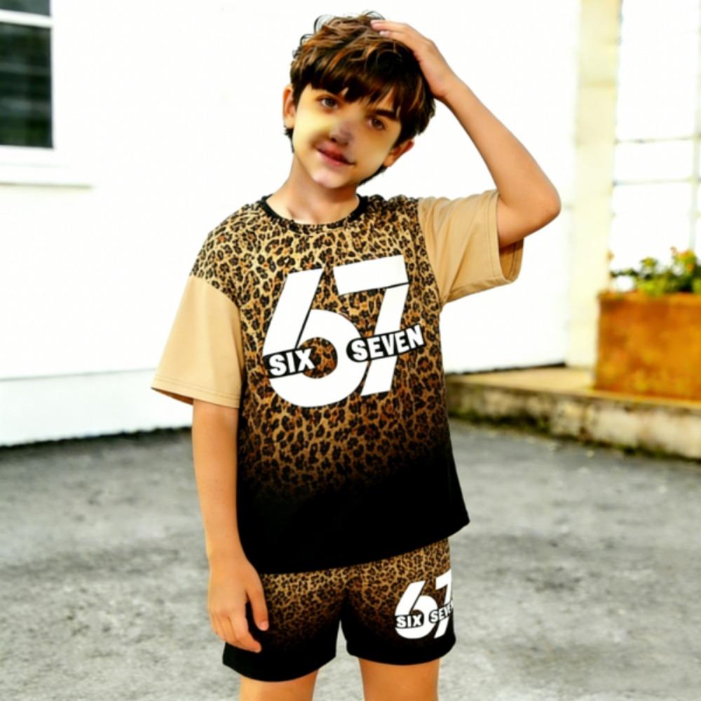 Fashion 67 Leopard Colorful Gradient Printed Kids T-shirt and Shorts 2 Piece Set Summer Casual Outfit for Boy's and Girl's Kids Clothing Top
