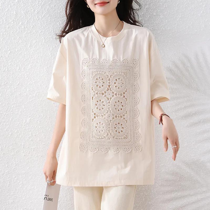 Women Beige Lace Patchwork Crew Neck Loose Cotton T Shirt L абрикосовый