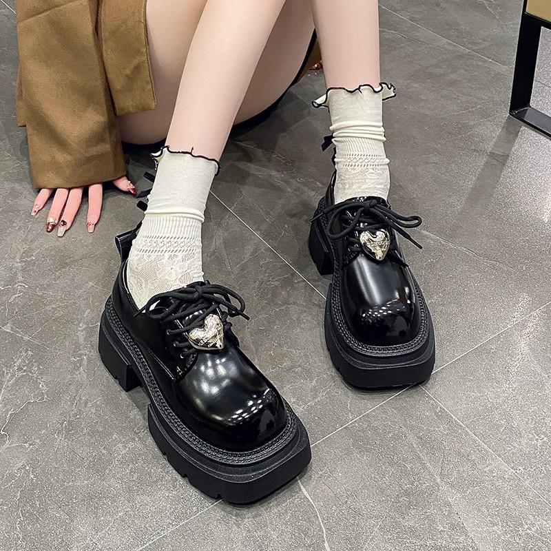 

Hongkai platform small leather shoes women s soft leather spring and summer new black British style fashion versatile loafers single shoes 35 чёрный