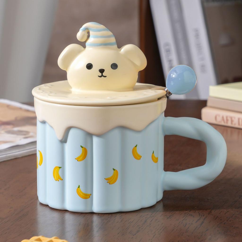 400ML European Ceramic Cake Coffee Mug with Lid and Spoon Cute Dog Design Delicate Afternoon Tea Latte Cup Home Breakfast Mug