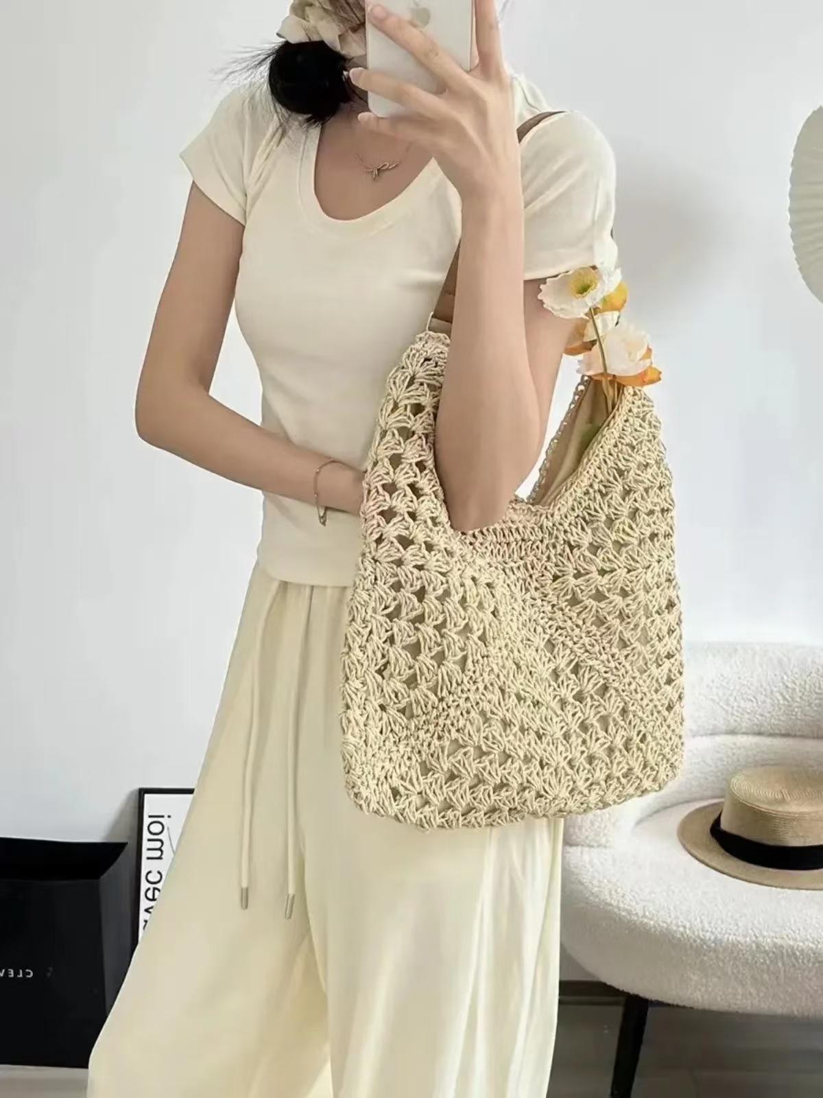 

Large capacity straw bag women s 2025 new summer travel beach bag woven hollow bag commuter shoulder tote bag бежевый